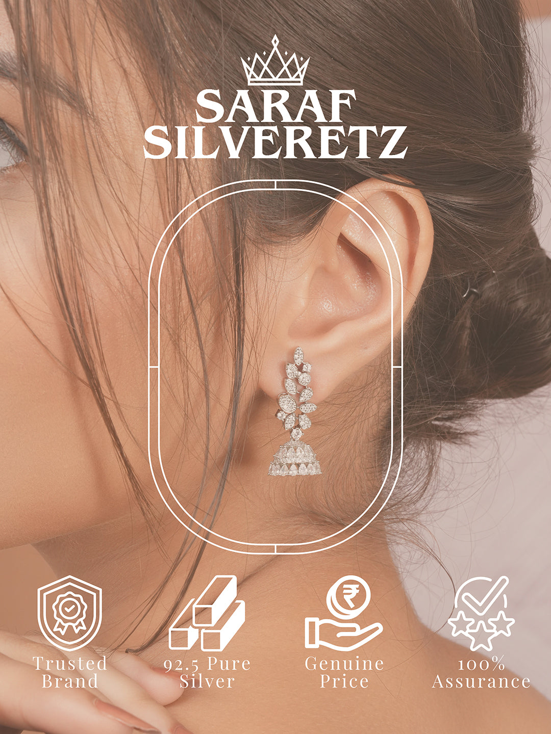 925 Sterling Silver Cubic Zirconia Leafy Jhumka Earrings