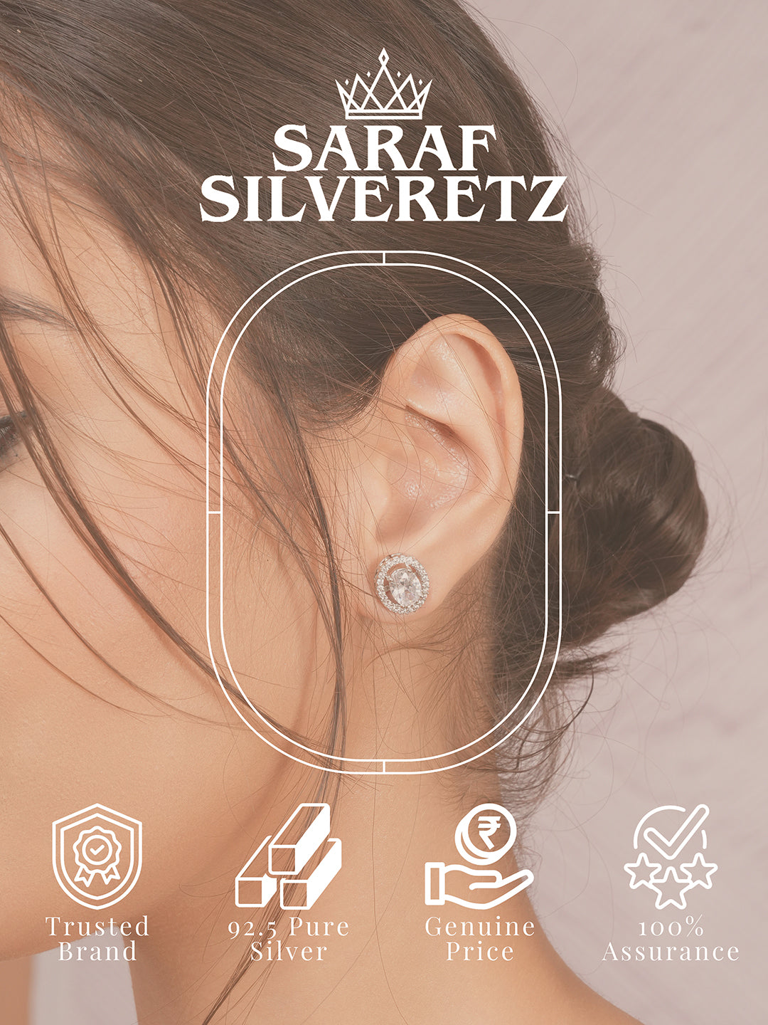 925 Sterling Silver AD Studded Rhodium Plated Oval Studds Earrings