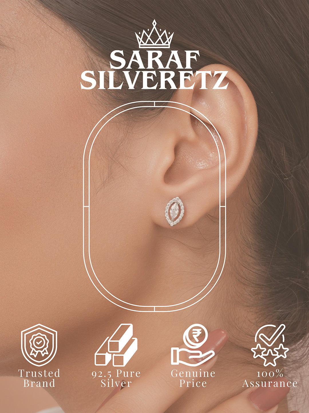 925 Sterling Silver Cubic Zirconia  Oval Marquis Studds Earrings