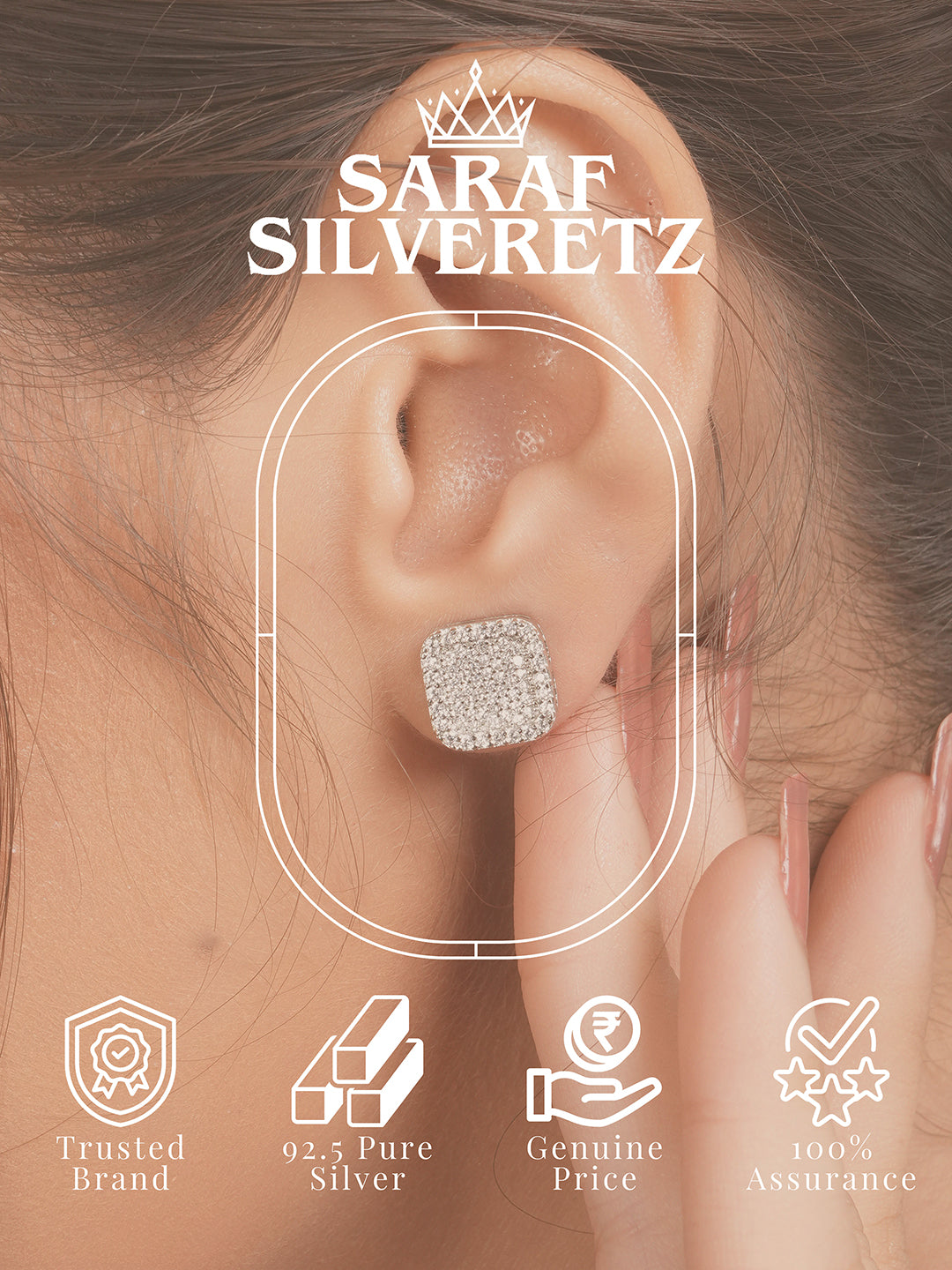 925 Sterling Silver Cubic Zirconia Square Studds Earrings