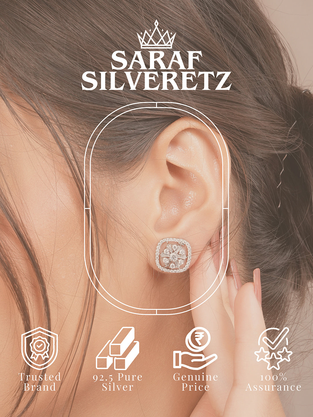 925 Sterling Silver Rhodium Plated Halo Square Studds Earrings