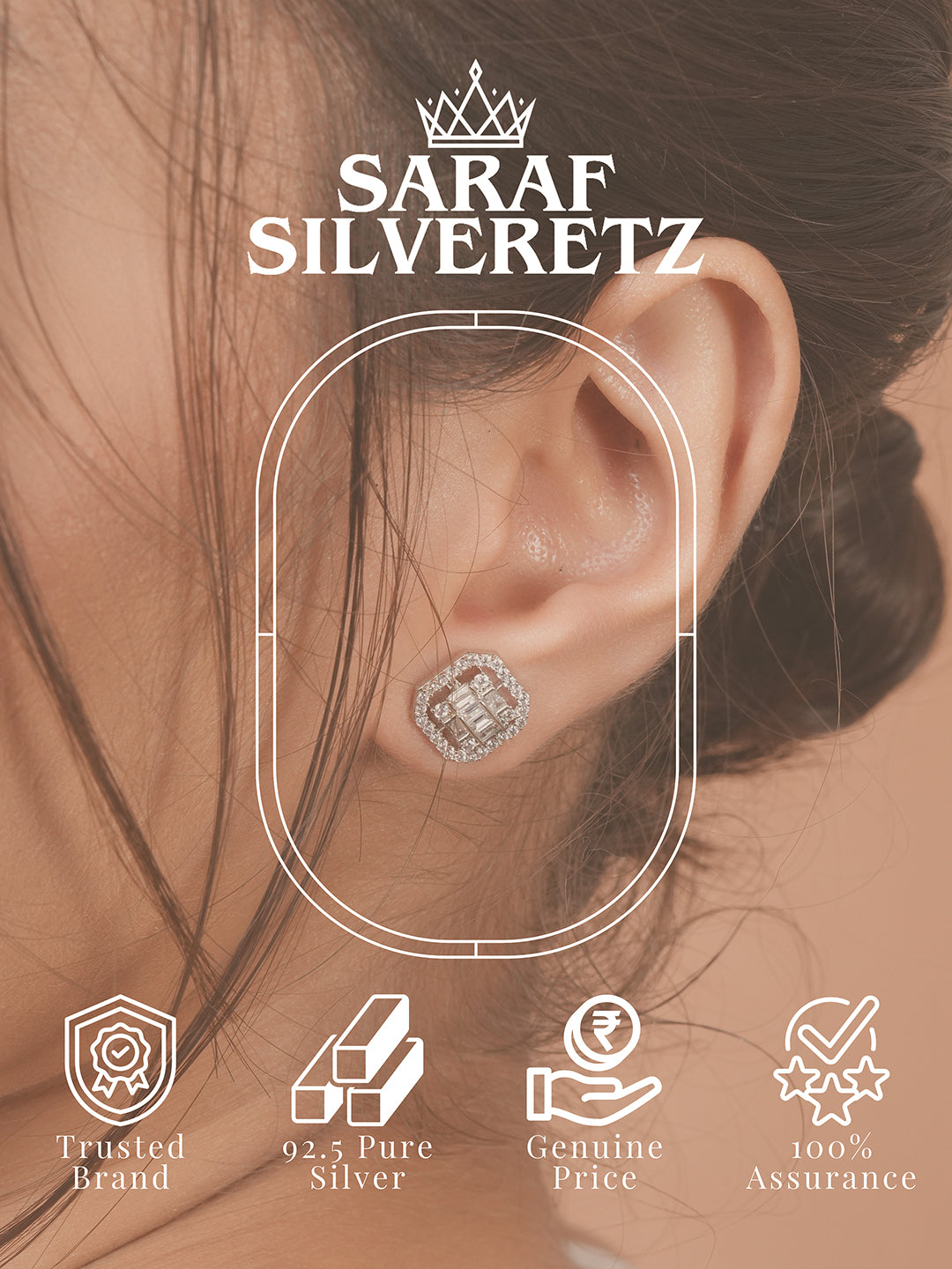 925 Sterling Silver Baguette Shaped Cubic Zirconia  in Rhodium Plated Studds Earrings