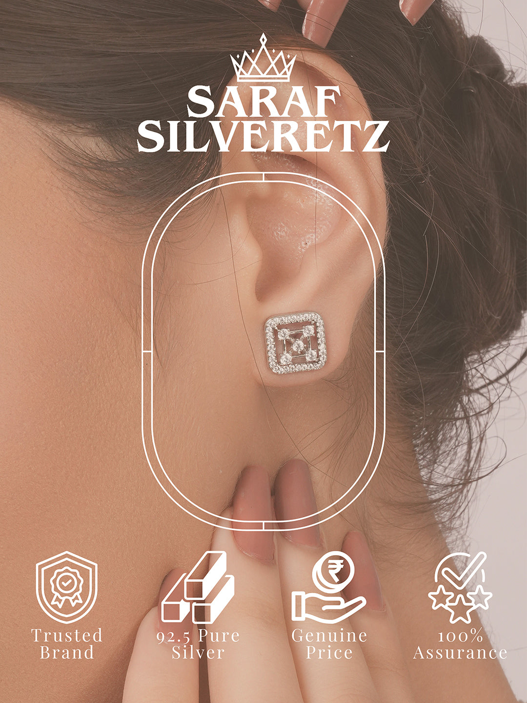 925 Sterling Silver Rhodium Plated Geometric Square Floret Studds Earrings