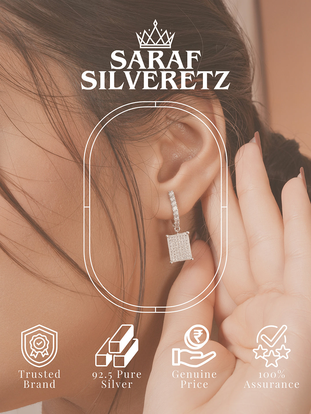 925 Sterling Silver Rhodium Plated Square Drop Bali Hoop Earrings