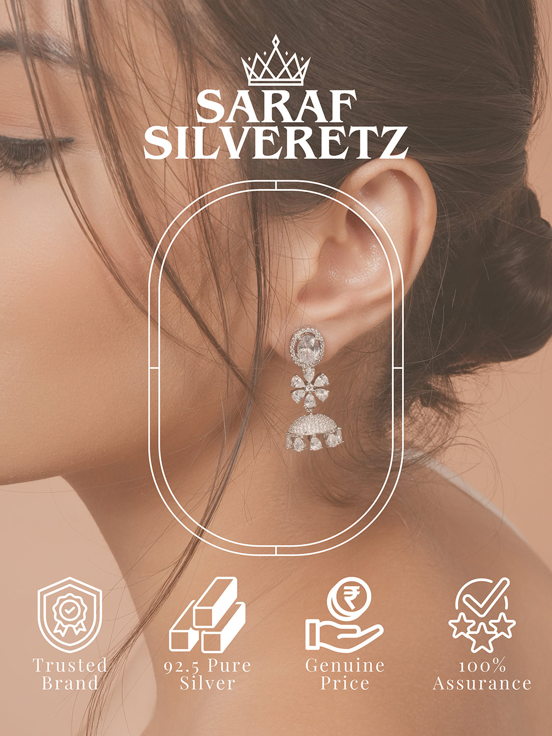 925 Sterling Silver Cubic Zirconia Studded Jhumka  Earrings