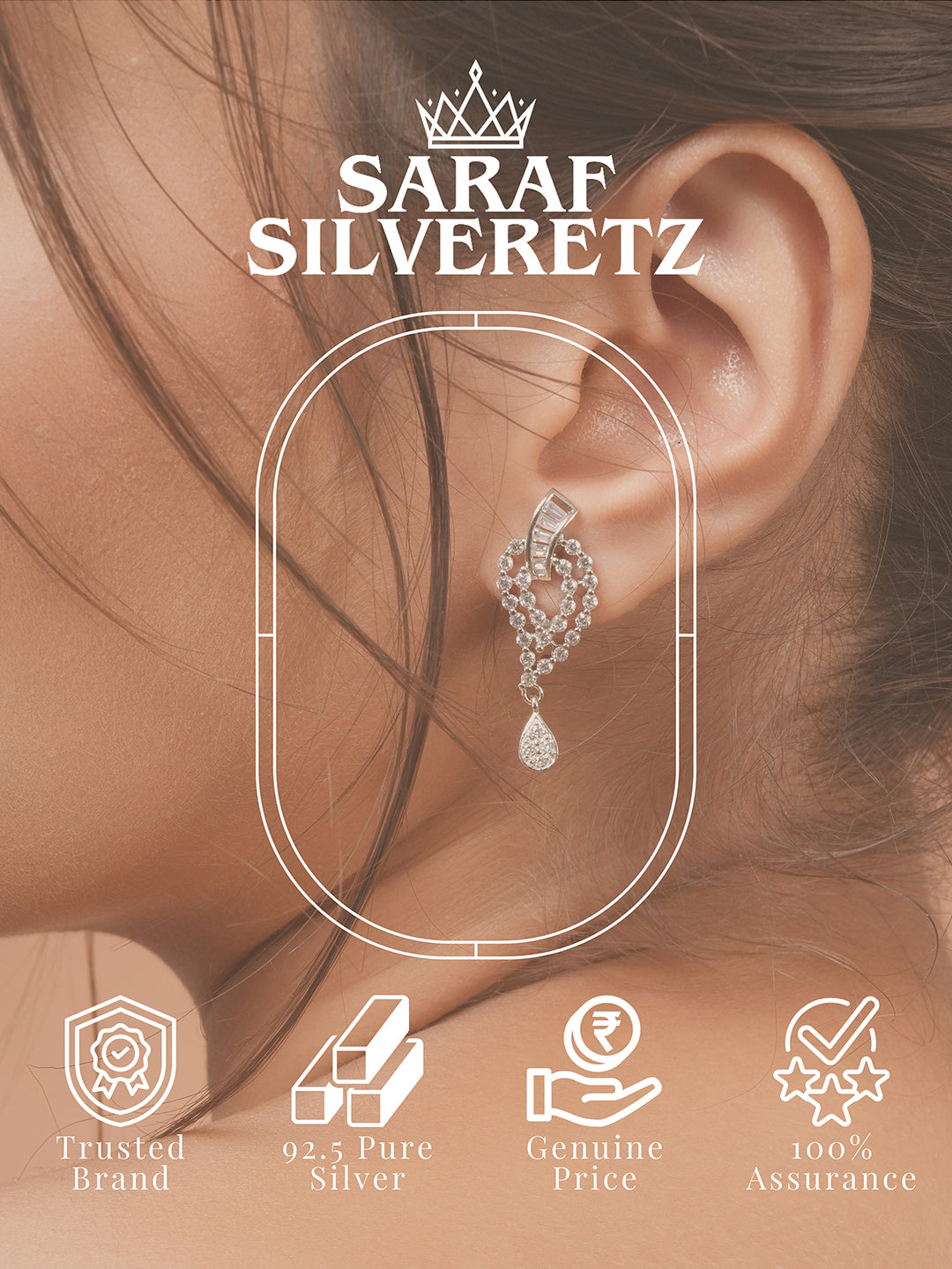 925 Sterling Silver Cubic Zirconia Studded Quirky Drop Earrings