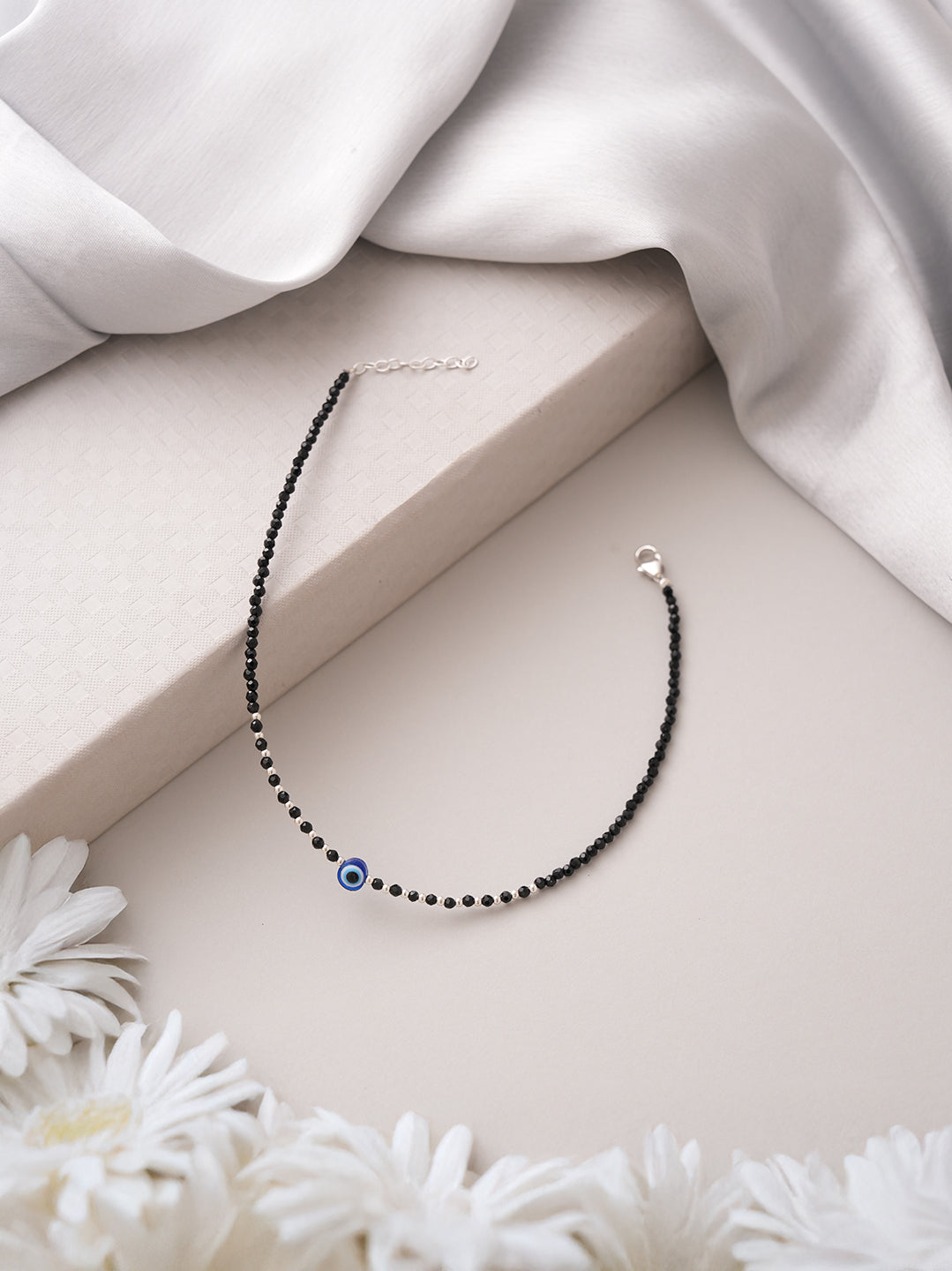 925 Sterling Silver Black Crystals & Evil Eye Charms Nazar Delicate Payal Anklet