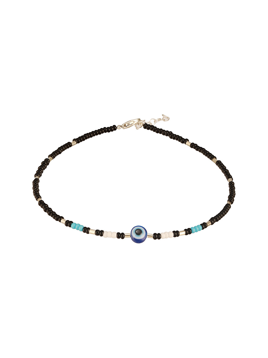 925 Sterling Silver Silver & Black Beads Evil Eye Charms  Delicate Payal Anklet