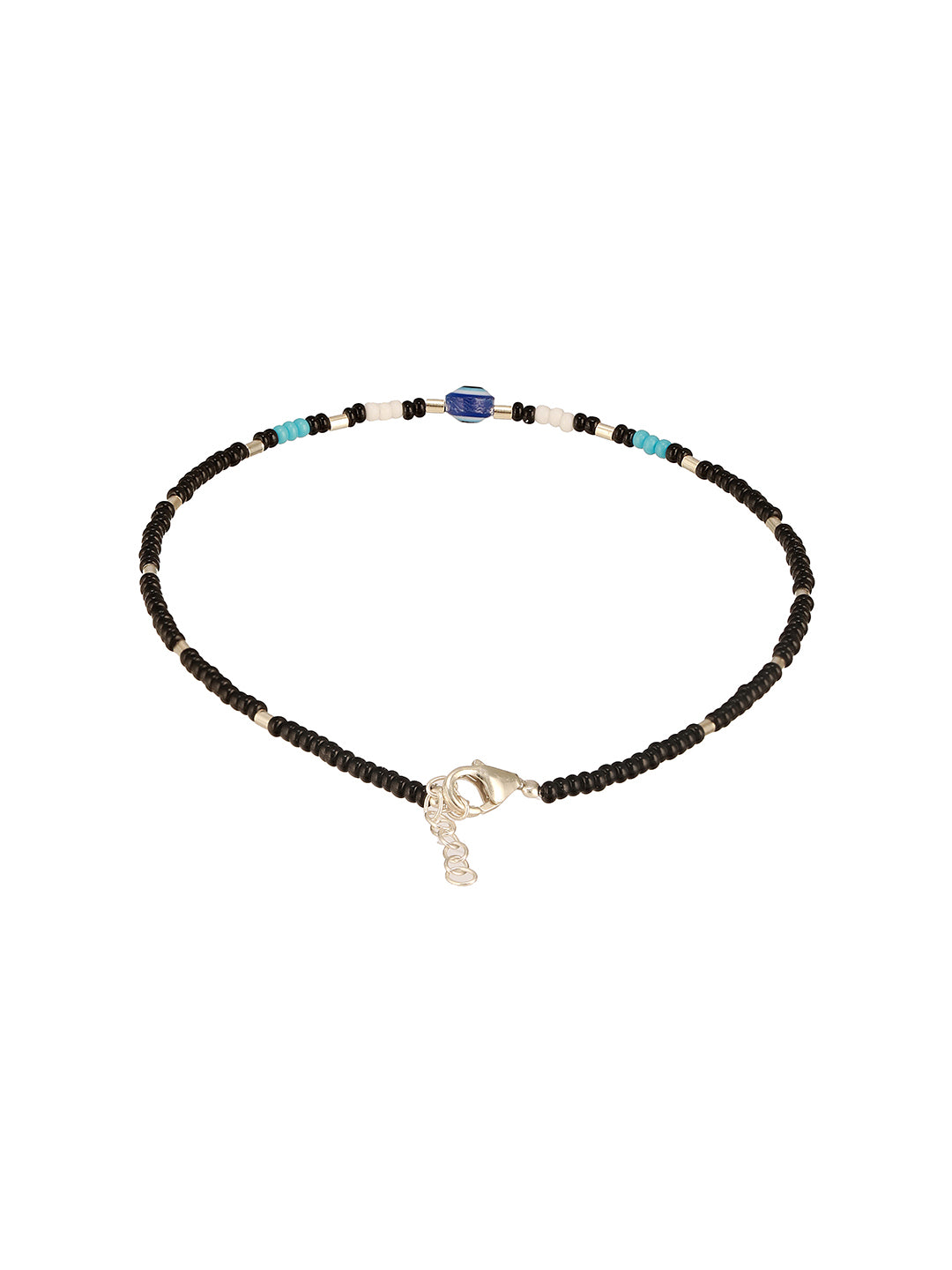 925 Sterling Silver Silver & Black Beads Evil Eye Charms  Delicate Payal Anklet