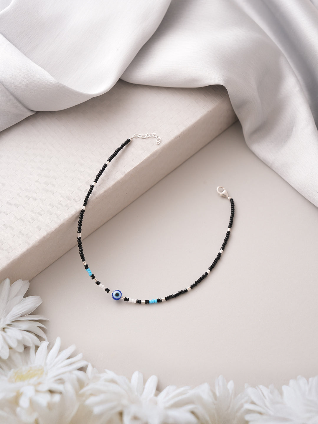 925 Sterling Silver Silver & Black Beads Evil Eye Charms  Delicate Payal Anklet