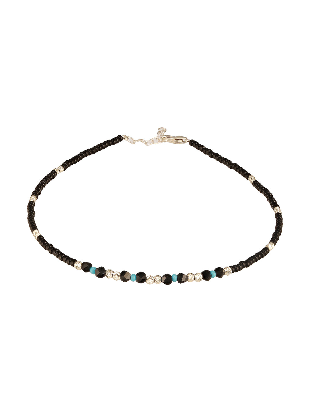 925 Sterling Silver Sparkling Blue & Black Beads Evil Eye Anklet Payal