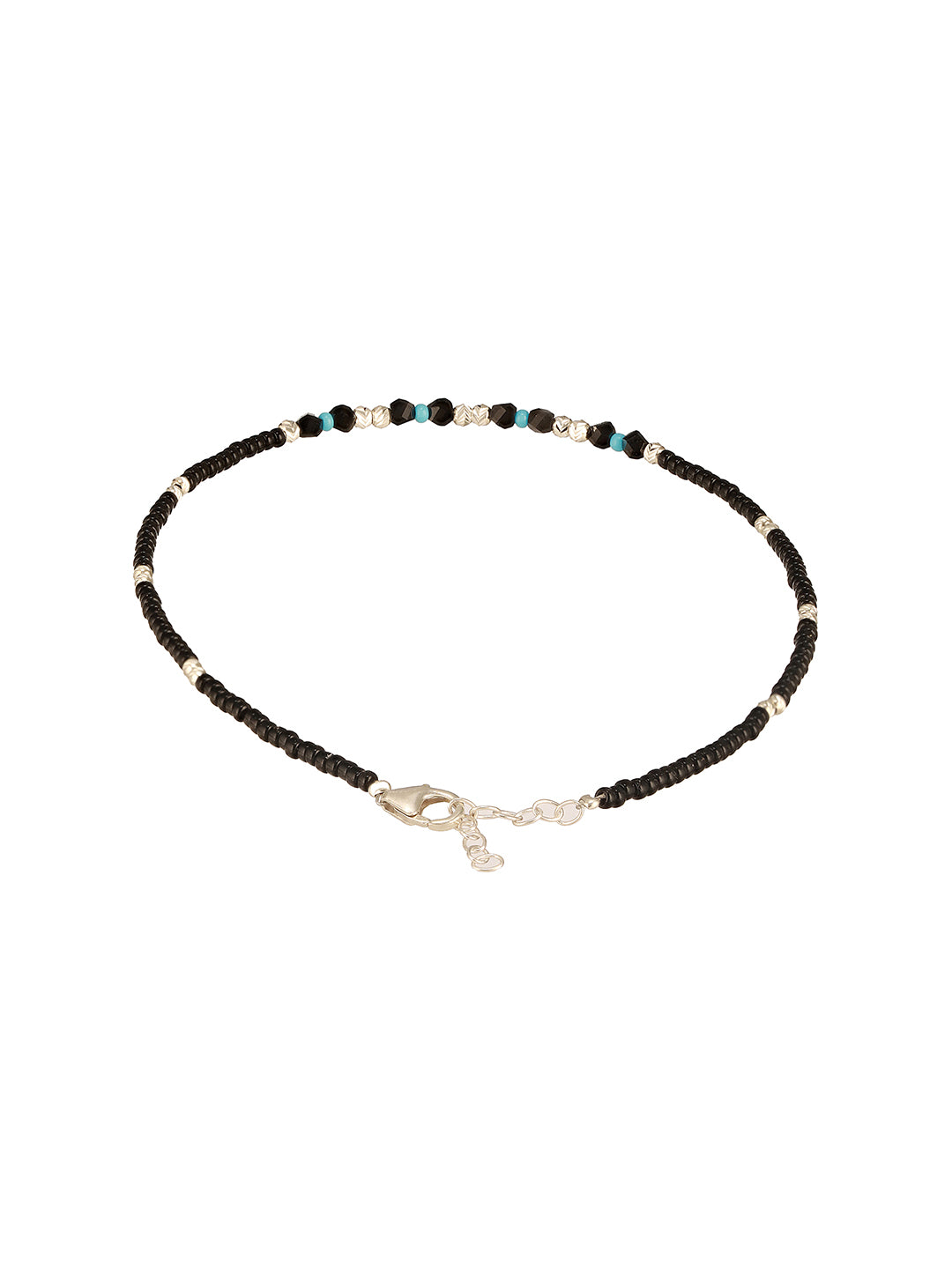 925 Sterling Silver Sparkling Blue & Black Beads Evil Eye Anklet Payal