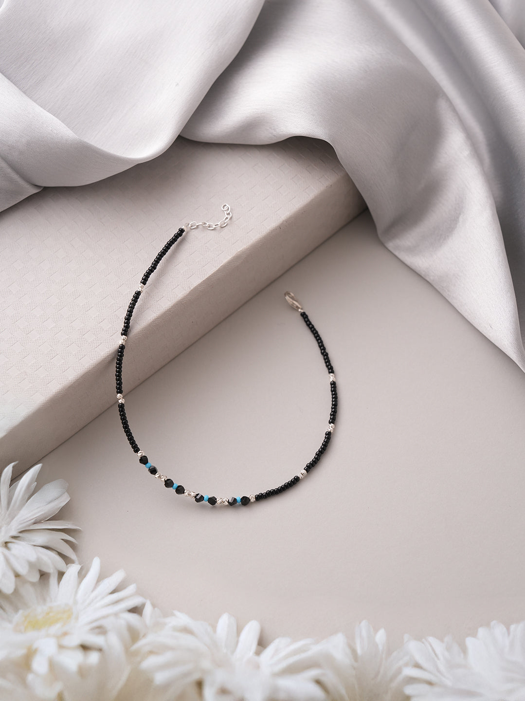 925 Sterling Silver Sparkling Blue & Black Beads Evil Eye Anklet Payal