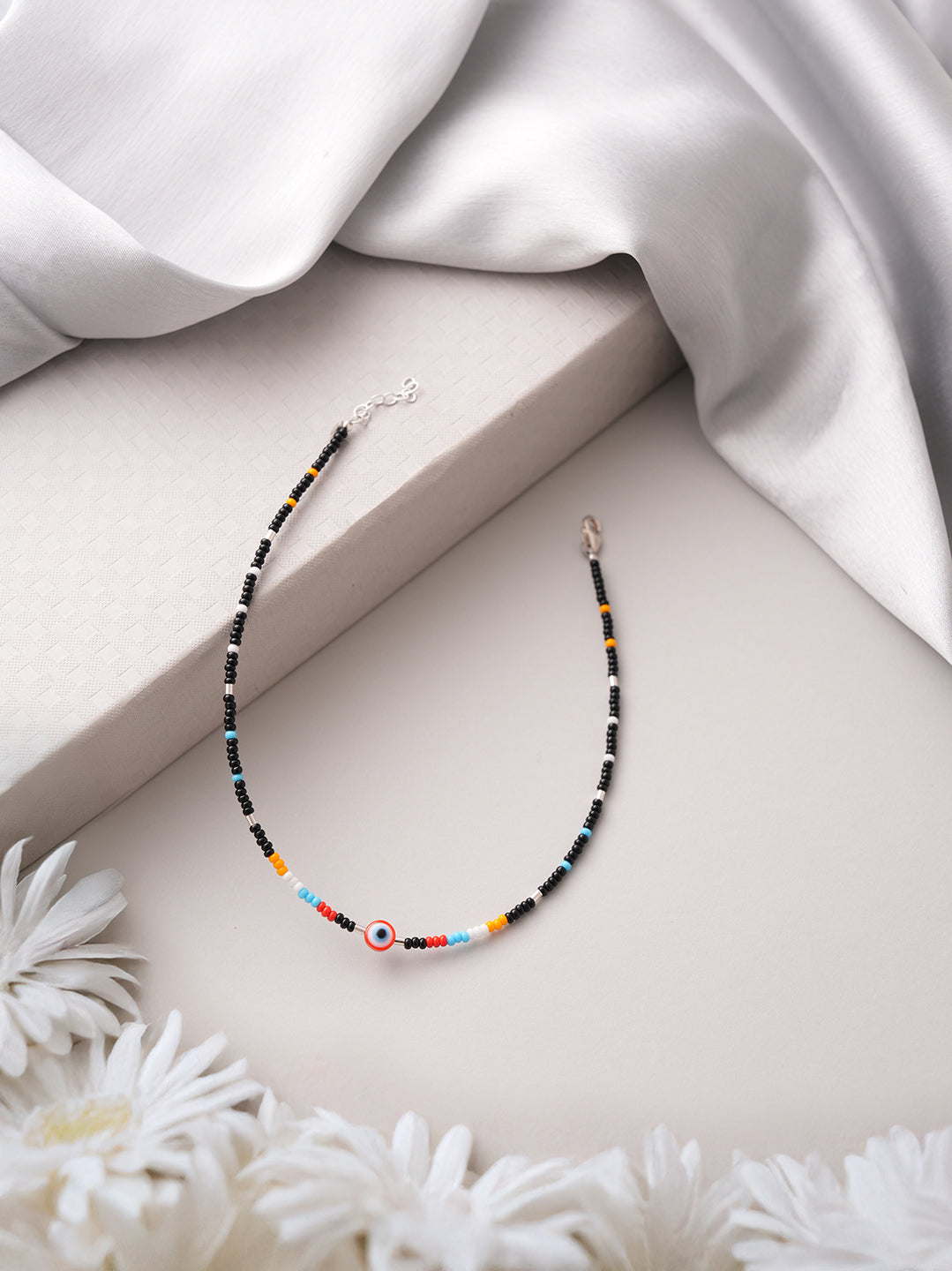 925 Sterling Silver Red & Multicolored Evil Eye Designer Delicate Payal Anklet