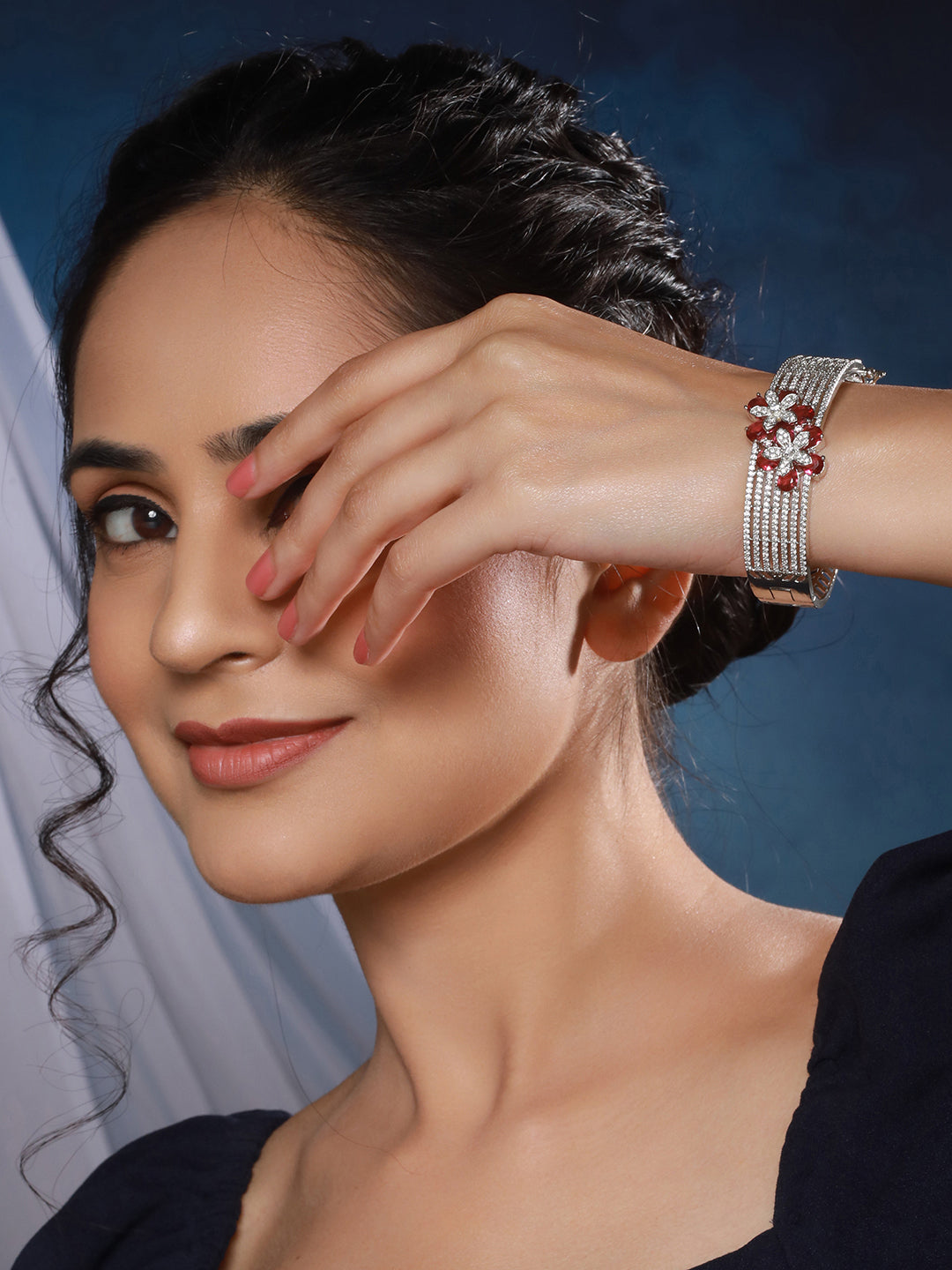 Silver Plated Ruby Red Floral Statement  Designer Brooch Kada Bangle Bracelet