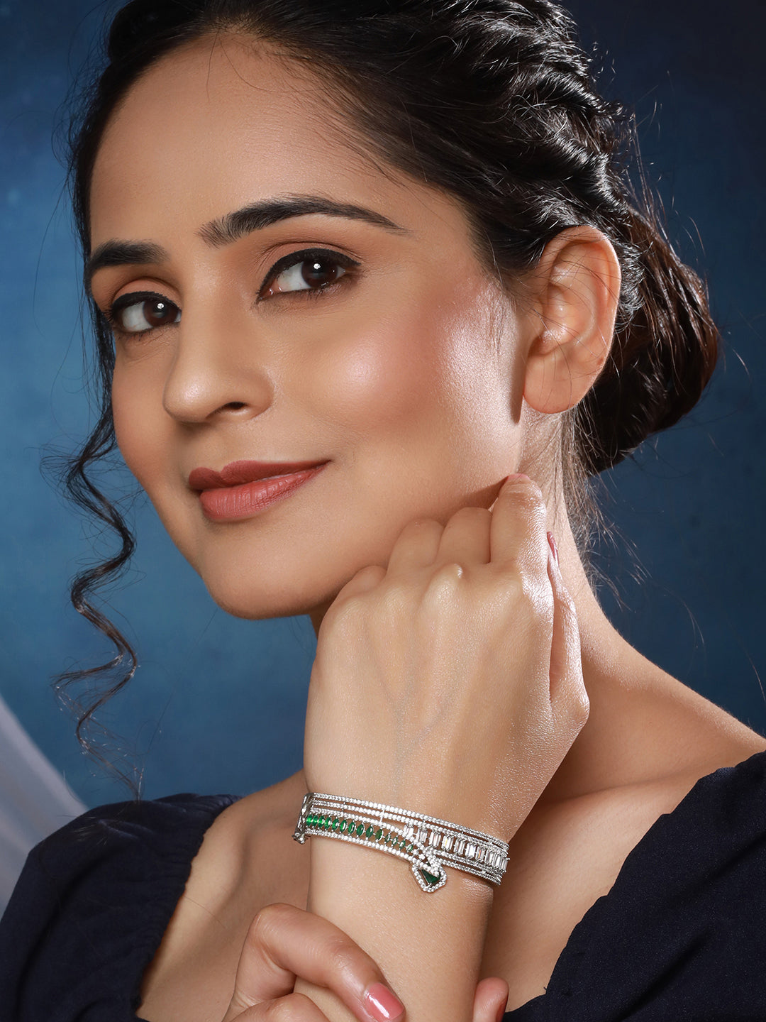 Silver Plated  Green AD Studded  Contemporary  Designer Bridal Kada  Bracelet