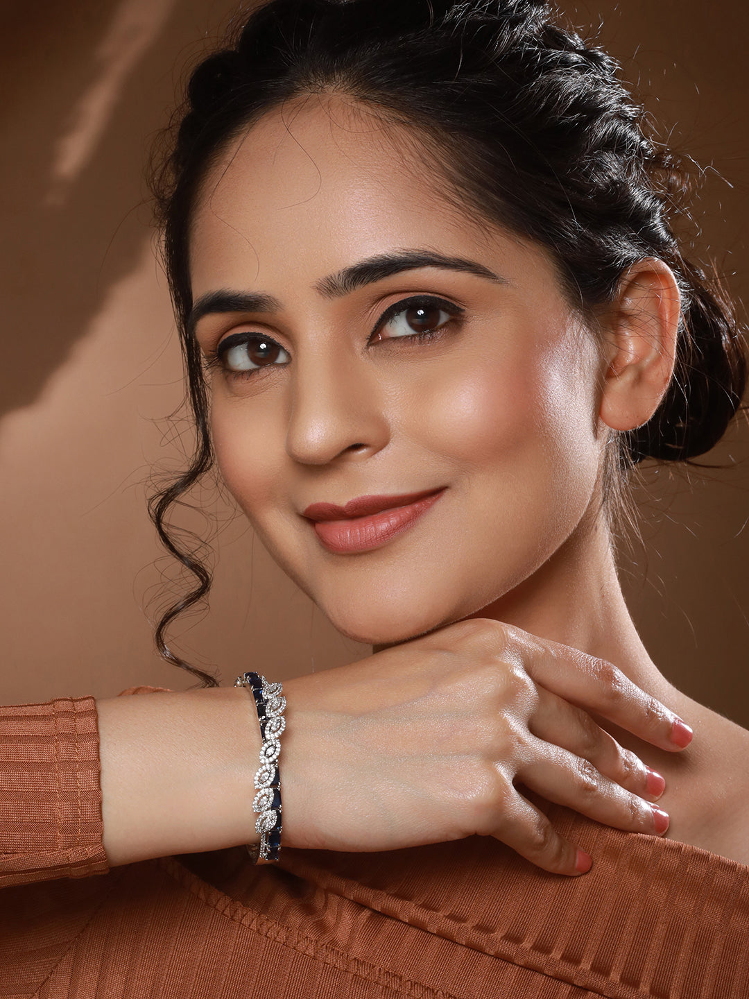 Silver Toned Sapphire Blue AD Studded Elegant  Designer  Leaf Kada Bangle  Bracelet