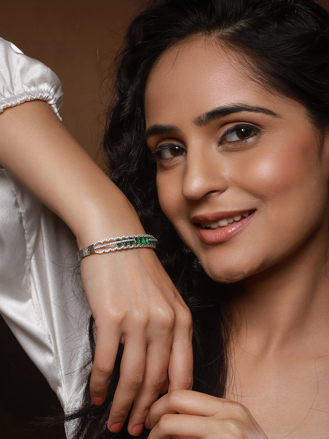 Silver Plated Emerald Green AD Studded Statement Delicate Kada Bracelet