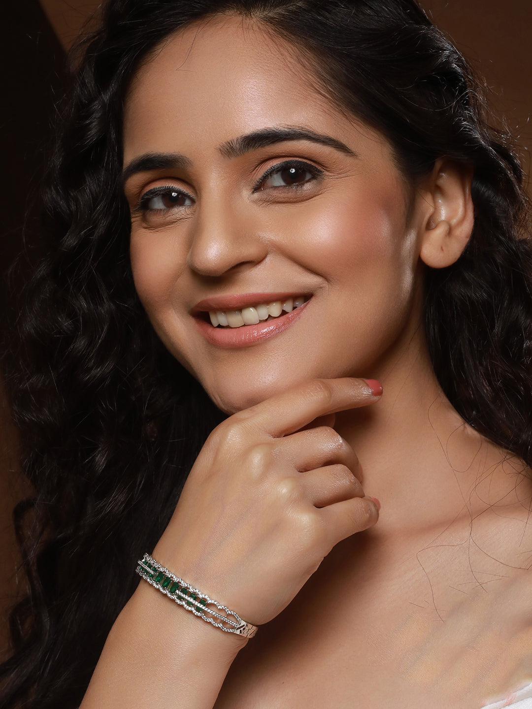 Silver Plated Emerald Green AD Studded Statement Delicate Kada Bracelet