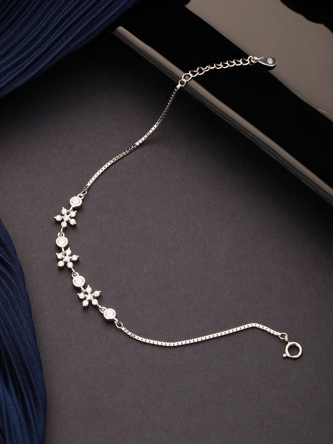 925 Sterling Silver Zircon Studded Floral Minimal Wraparound Adjustable Bracelet