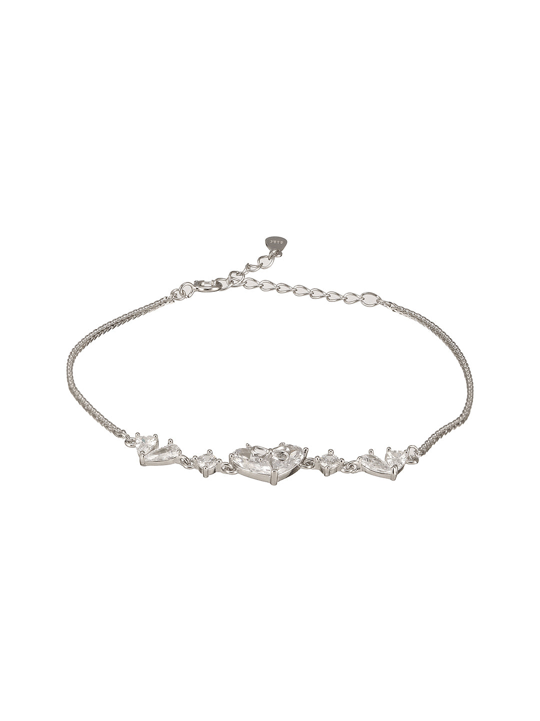 925 Sterling Silver Zircon Studded Heart Shaped Tennis Minimal  Wraparound Bracelet