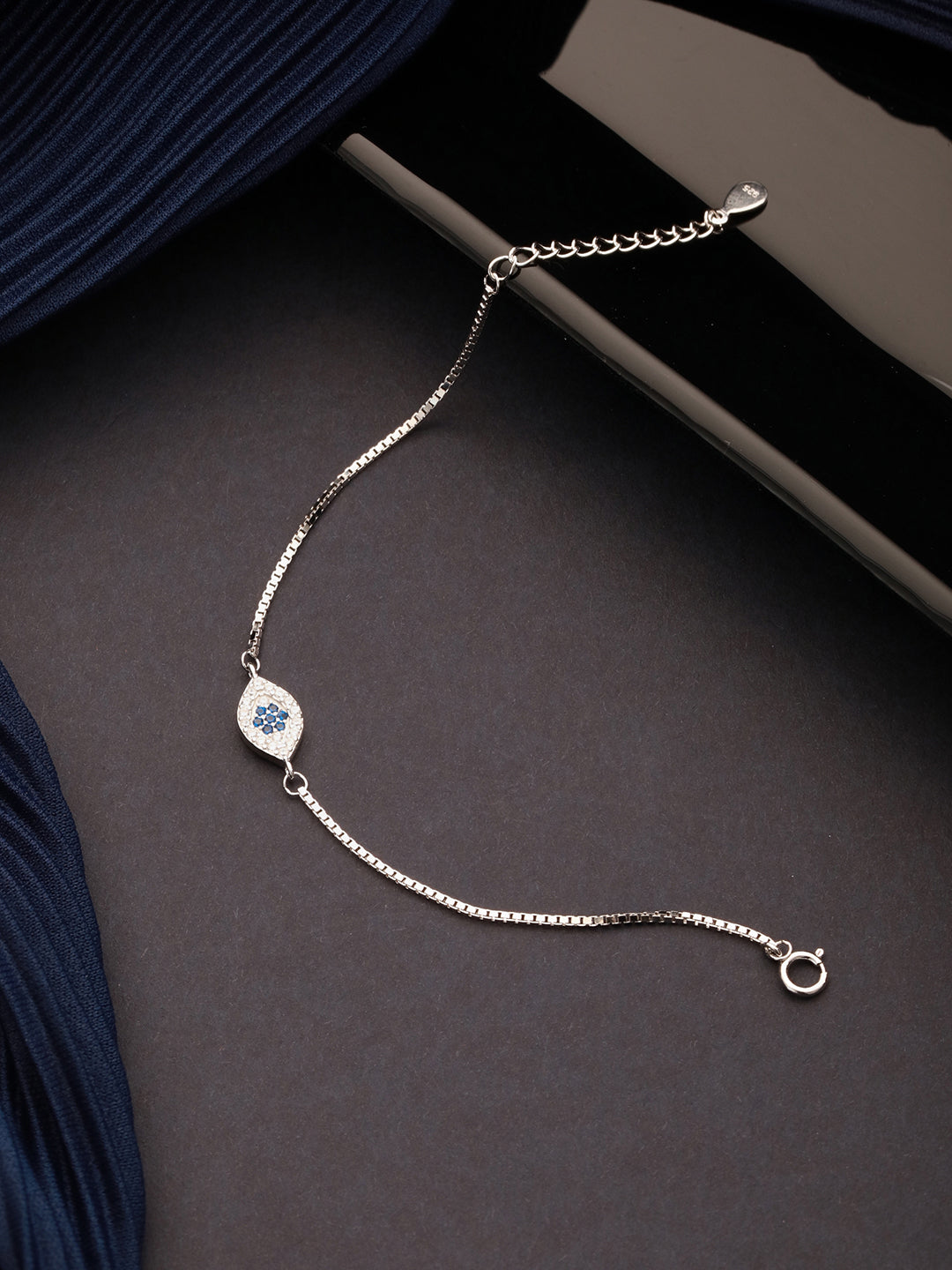 925 Sterling Silver Blue Zircon Studded Evil Eye Minimal Wraparound Adjustable Bracelet