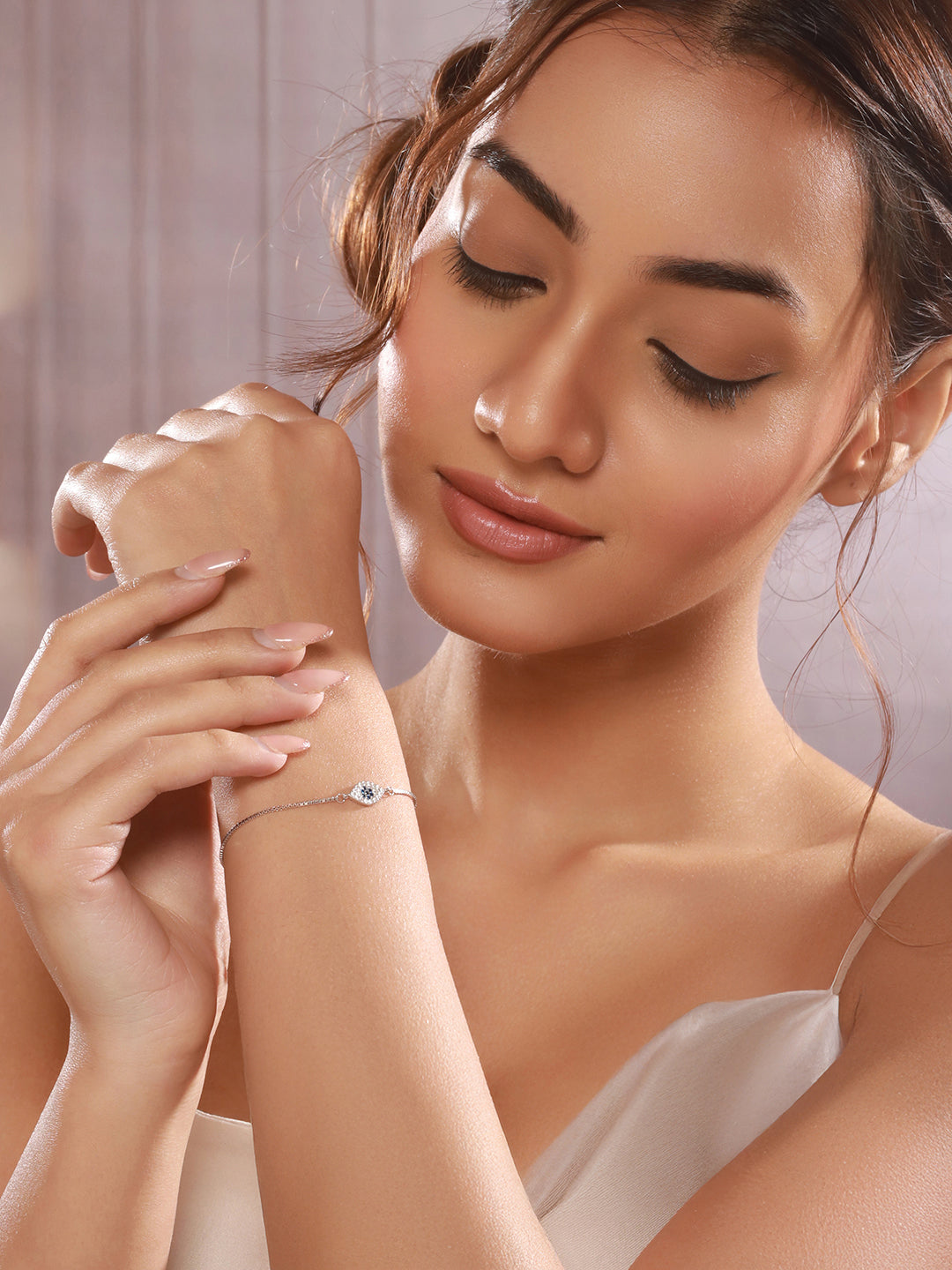 925 Sterling Silver Blue Zircon Studded Evil Eye Minimal Wraparound Adjustable Bracelet