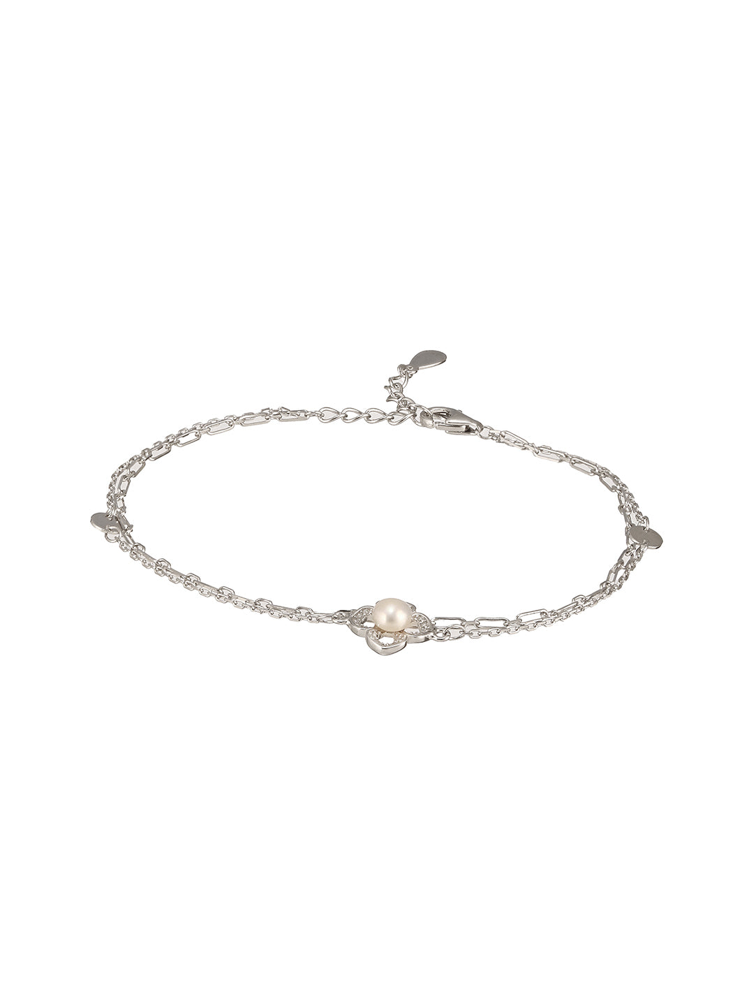 925 Sterling Silver Zircon & Pearl Embellished Floral Layered Wraparound  AdjustableBracelet