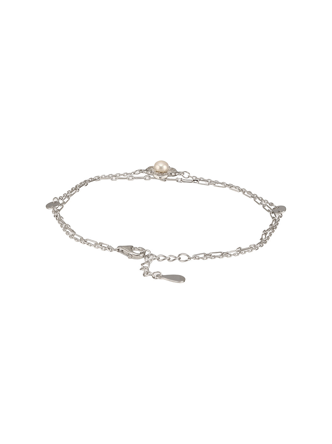 925 Sterling Silver Zircon & Pearl Embellished Floral Layered Wraparound  AdjustableBracelet