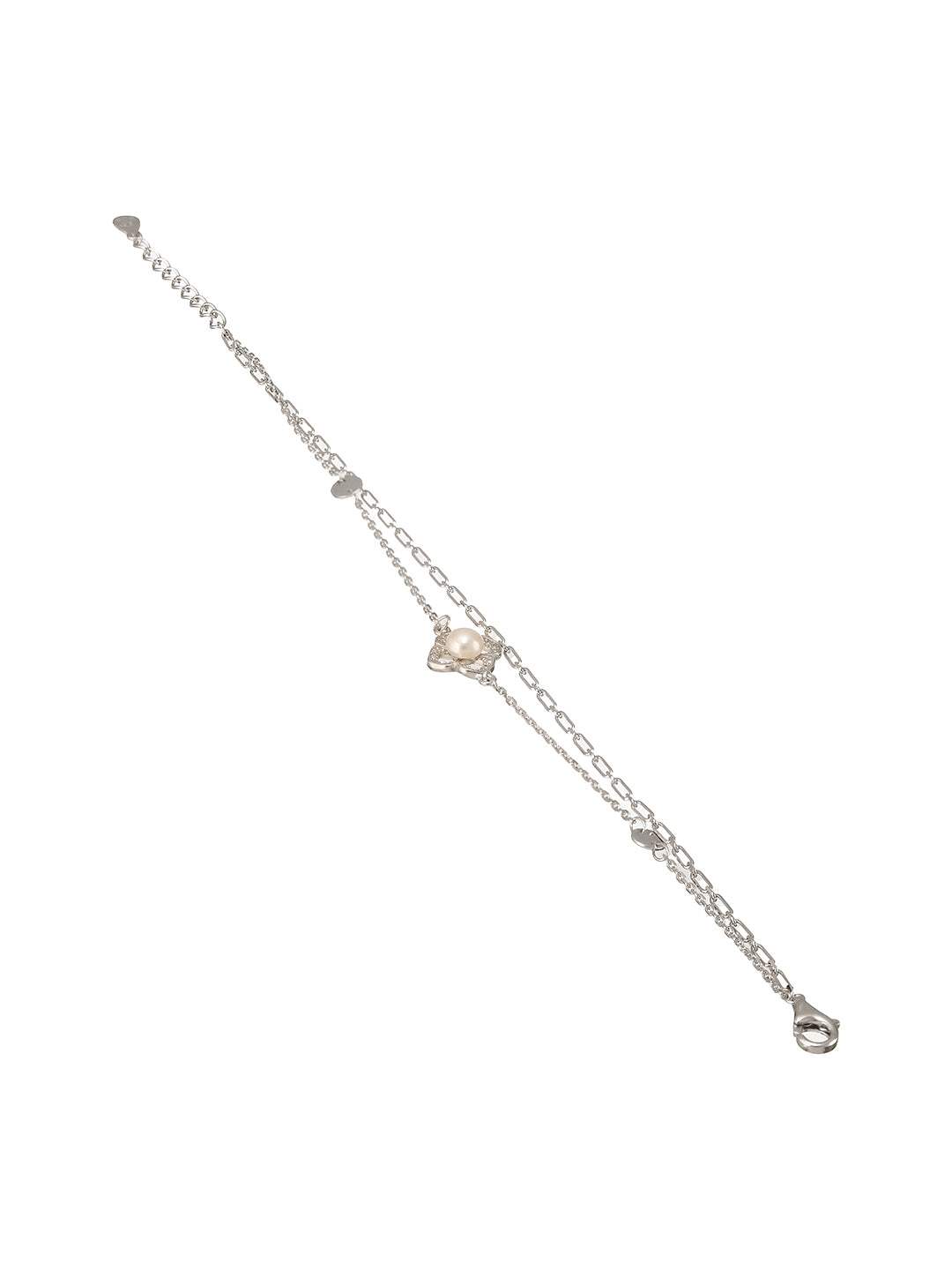 925 Sterling Silver Zircon & Pearl Embellished Floral Layered Wraparound  AdjustableBracelet