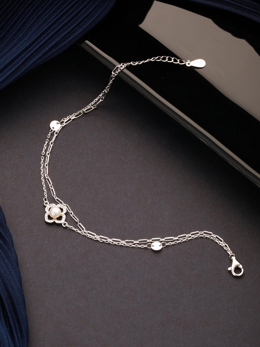 925 Sterling Silver Zircon & Pearl Embellished Floral Layered Wraparound  AdjustableBracelet