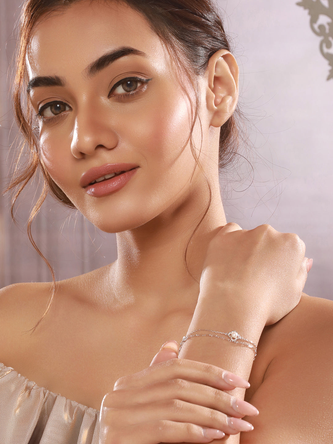 925 Sterling Silver Zircon & Pearl Embellished Floral Layered Wraparound  AdjustableBracelet