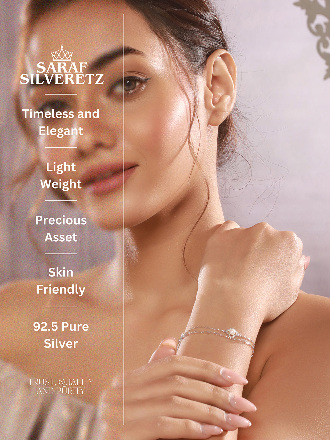 925 Sterling Silver Zircon & Pearl Embellished Floral Layered Wraparound  AdjustableBracelet