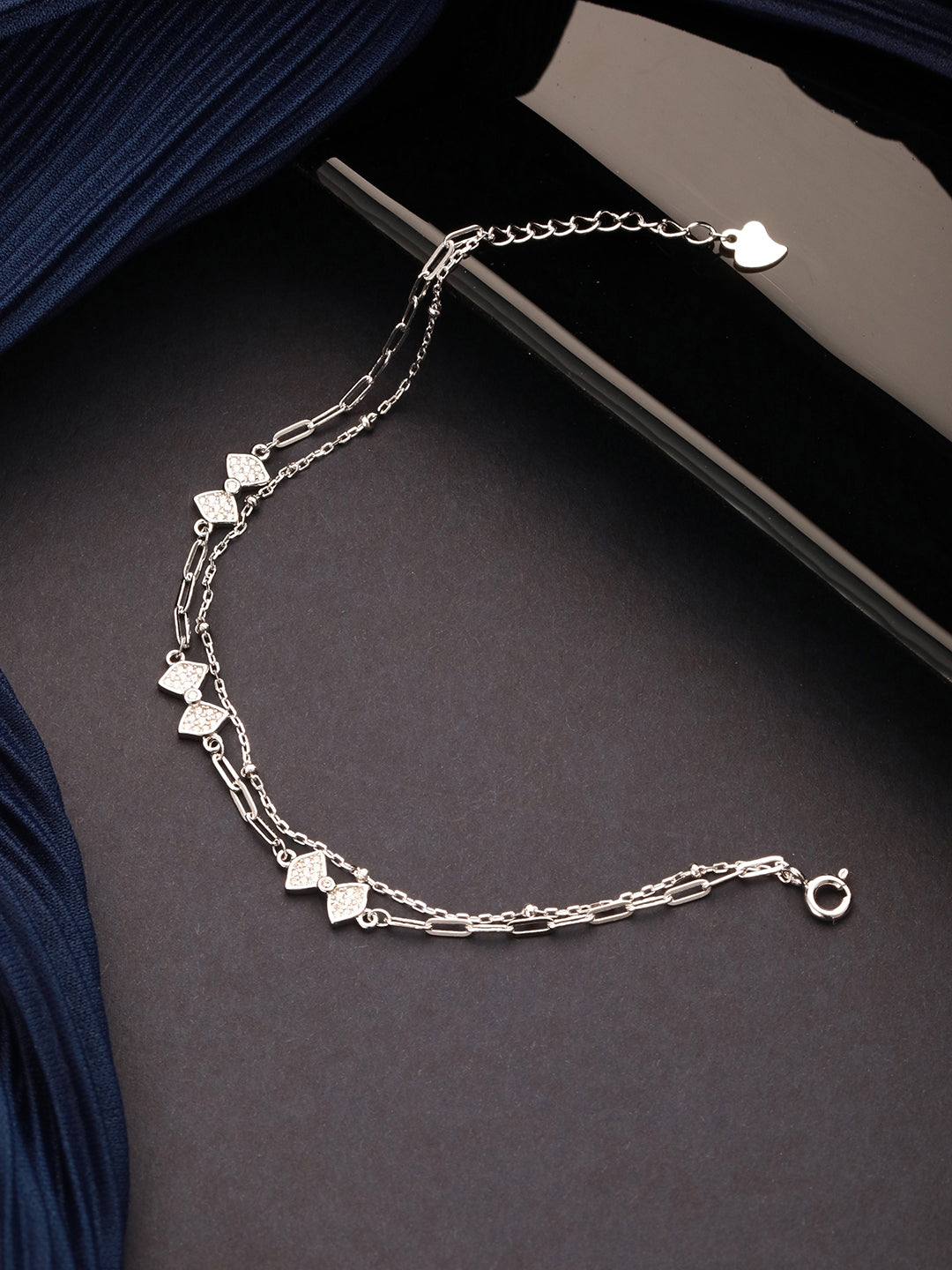 925 Sterling Silver Zircon Studded Bow Multilayered  Minimal Wraparound Adjustable Bracelet