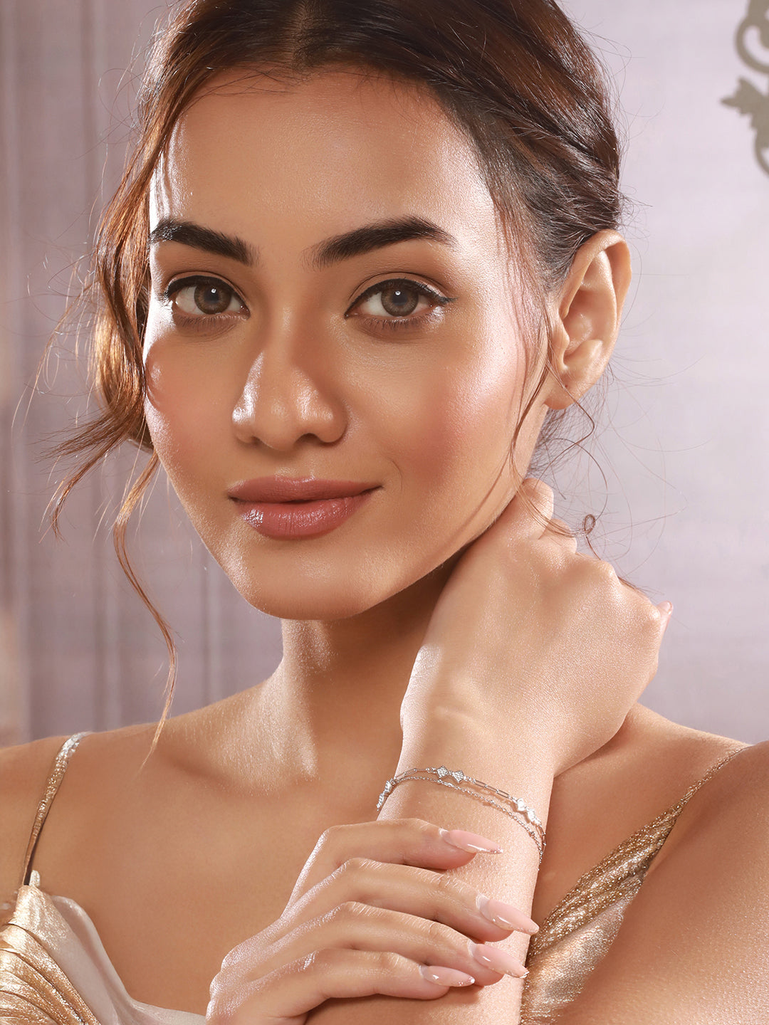 925 Sterling Silver Zircon Studded Bow Multilayered  Minimal Wraparound Adjustable Bracelet