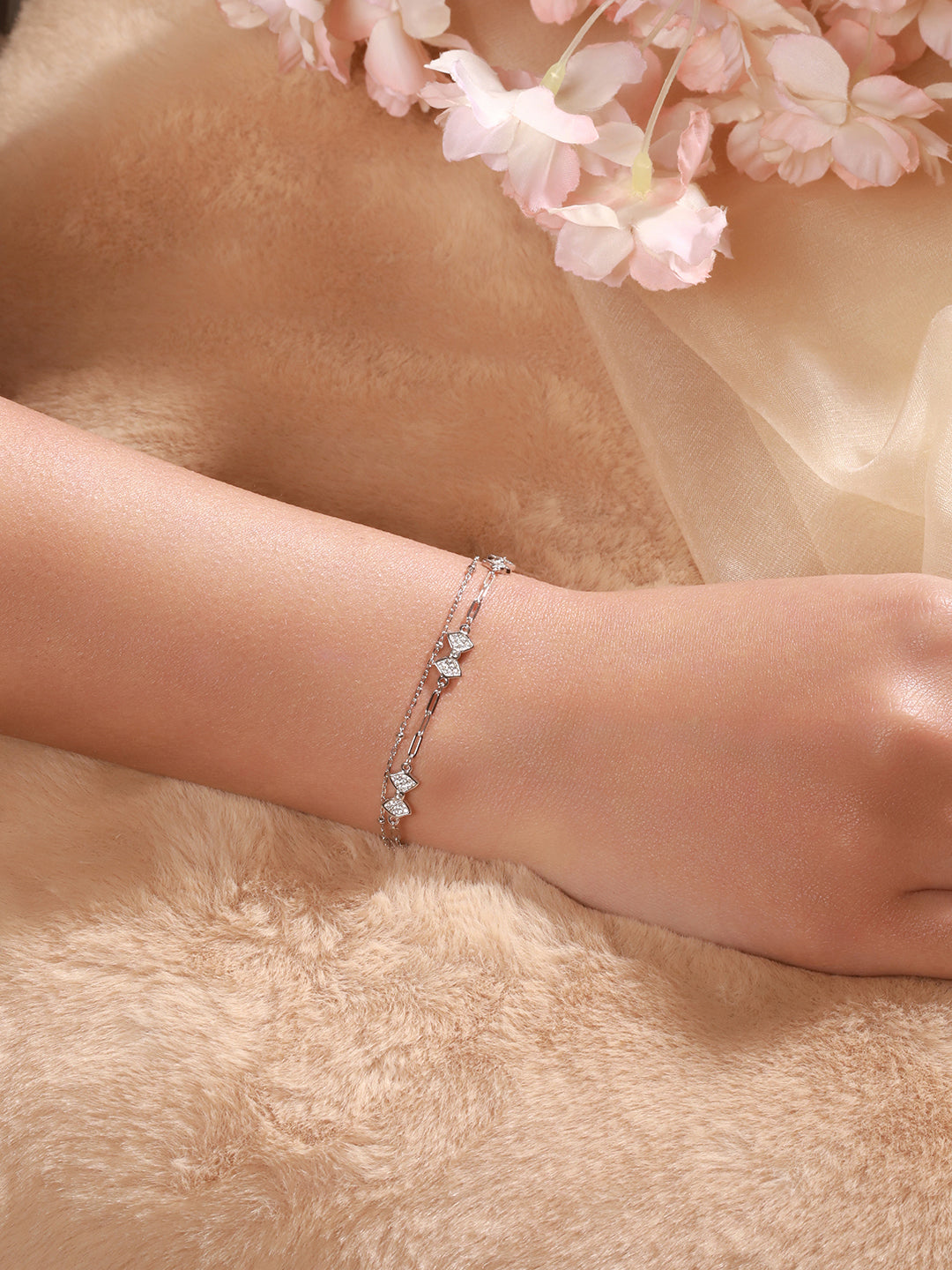 925 Sterling Silver Zircon Studded Bow Multilayered  Minimal Wraparound Adjustable Bracelet