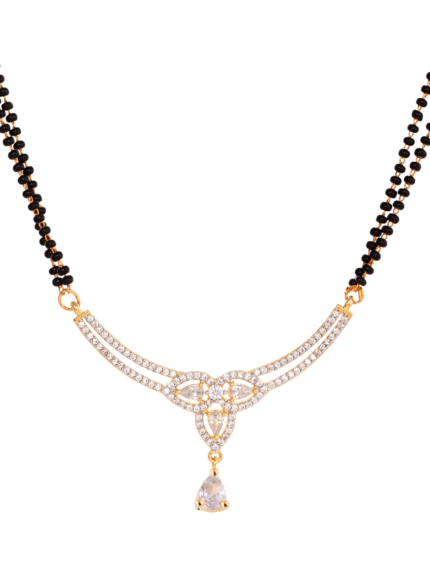 Gold Plated Black & White AD Studded & Beaded Mangalsutra Earrings