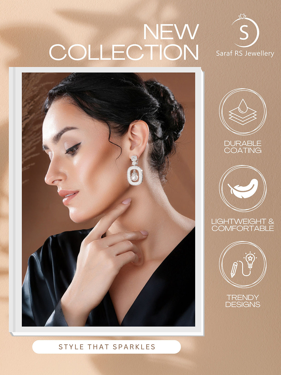 Silver Plated AD Studded Geometric Link  Pearl Charm Dangling Earrings