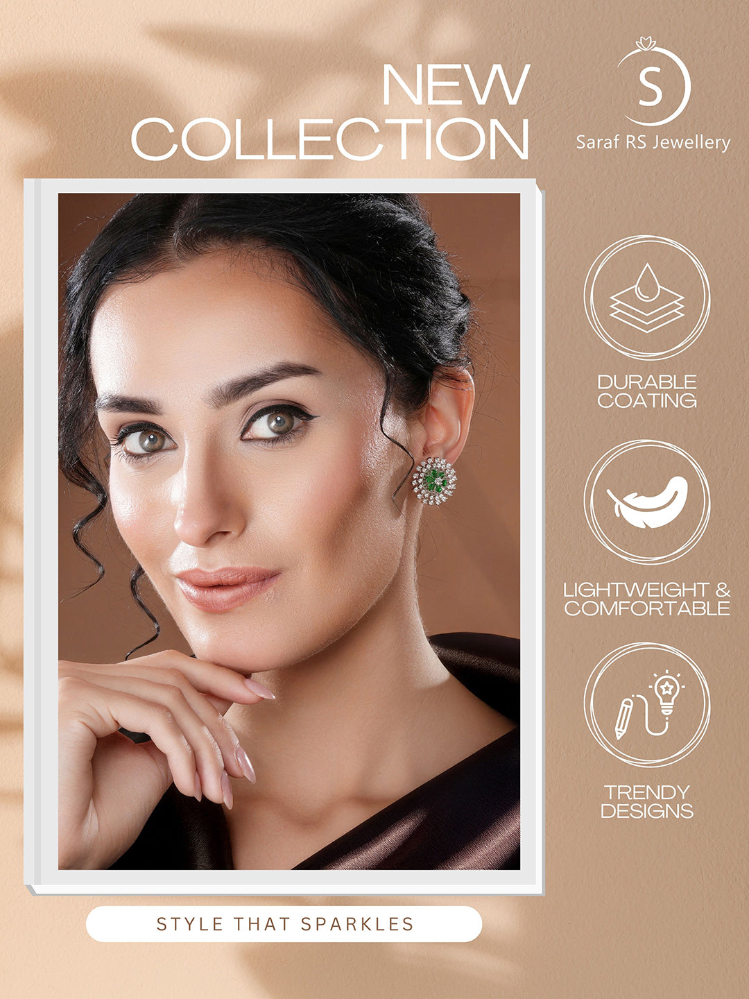 White Rhodium Green Emerald  Studded Floral Design Solar Statement Studds Earrings