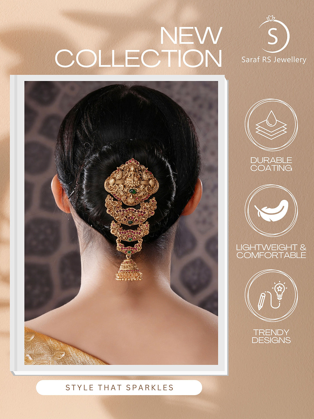 Gold Plated Red Kempo Studded Nagas Lakshmiji  Temple Jadai Billa Hair Braid Choti