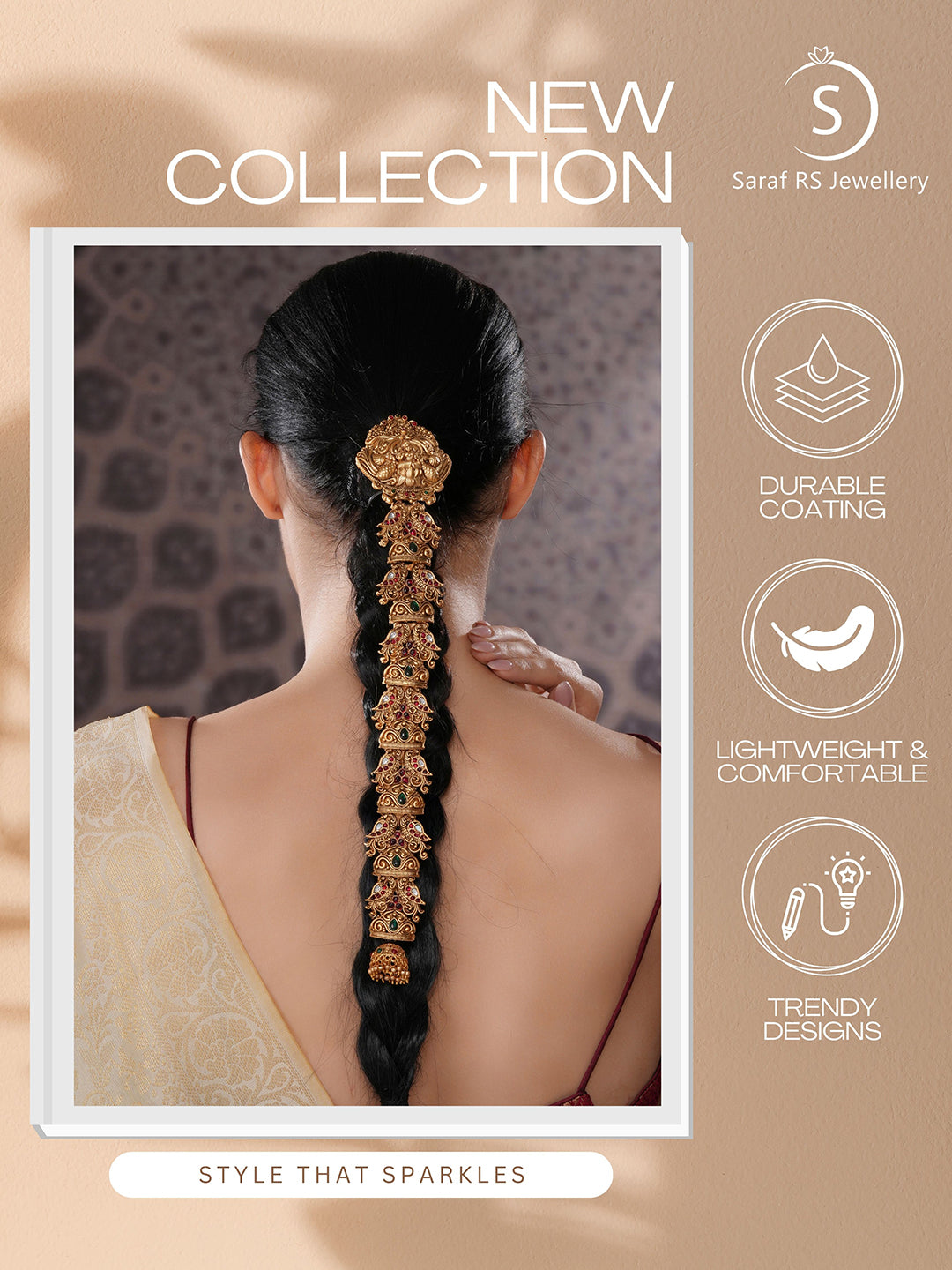 Gold Plated Red Kempo Studded Nagas Lakshmiji  Peacock  Temple Jadai Billa  Bridal Hair Braid Choti