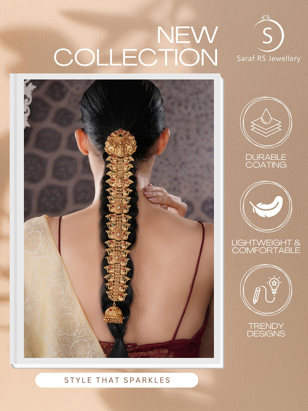 Gold Look Nakshi Kempo Studded Lakshmi Ji Peacock Jadai Billa Bridal Hair Braid Choti