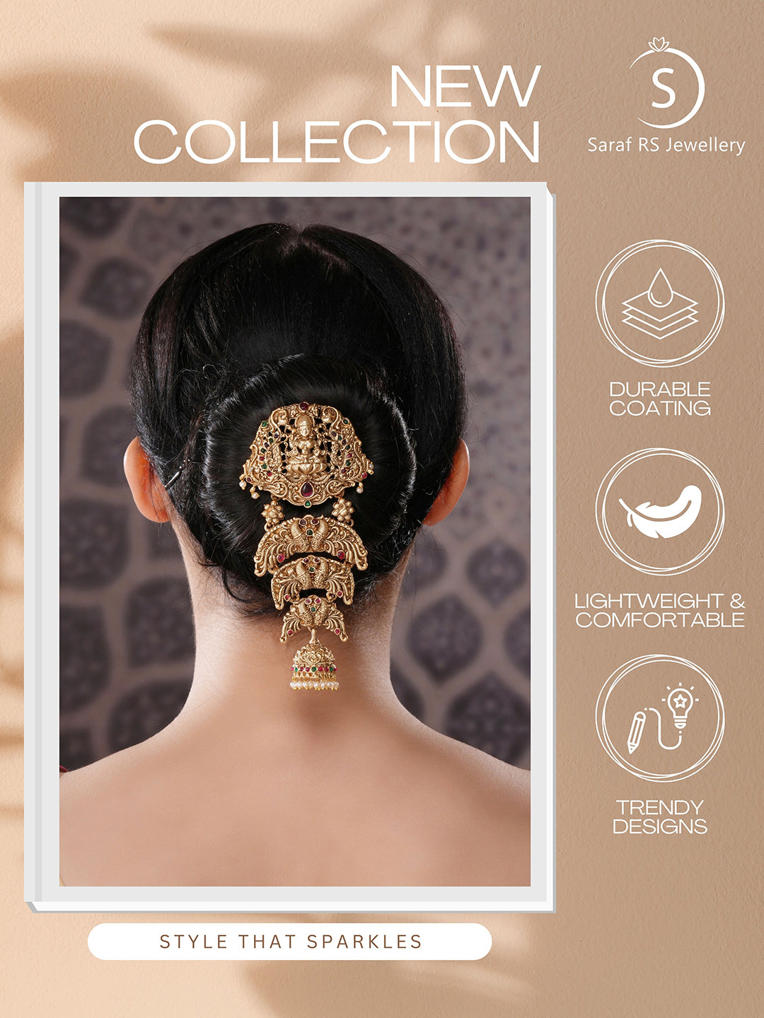 Gold Plated Red Kempo Studded Nagas Lakshmiji Antique Temple Bridal Jadai Billa Hair Braid Choti