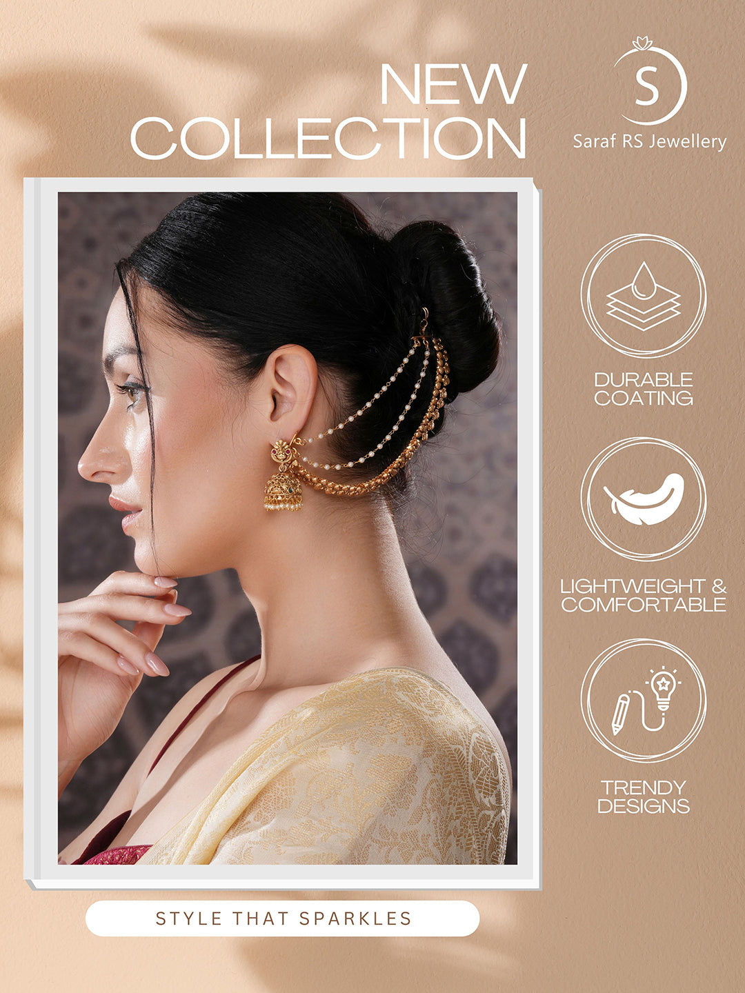 Gold Plated 3 Layered Pearls Matil Champaswaralu Temple Ear Chain Earrings