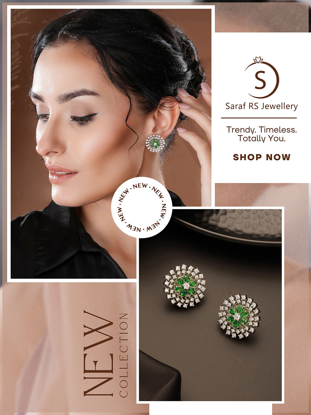 White Rhodium Green Emerald  Studded Floral Design Solar Statement Studds Earrings