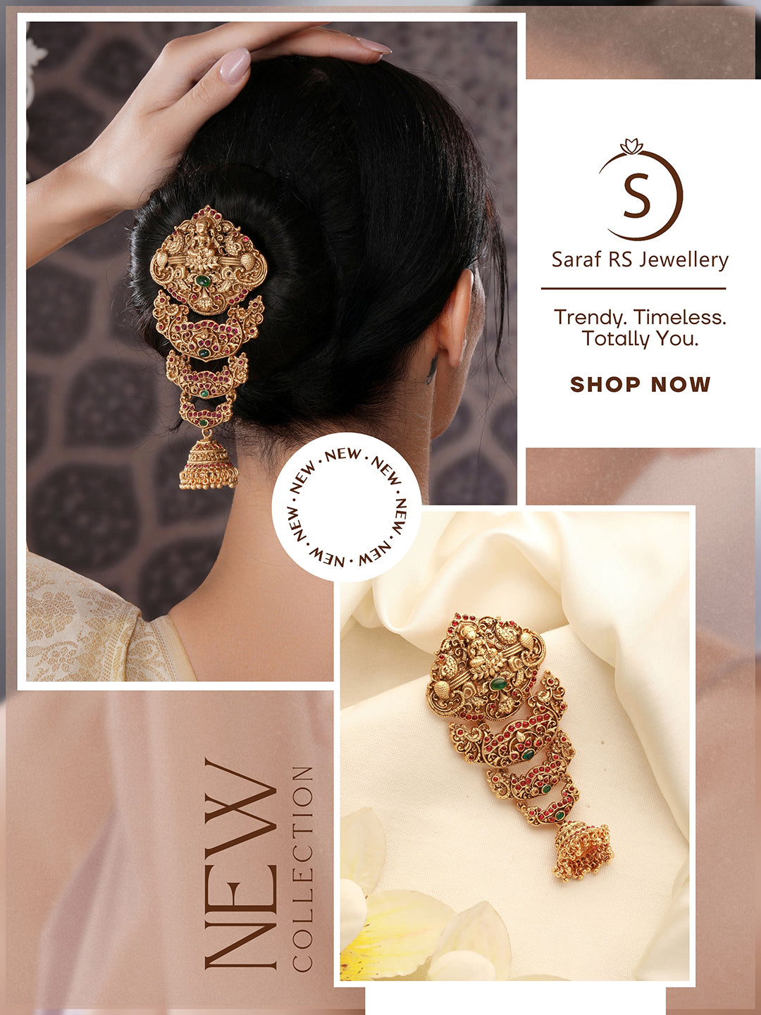 Gold Plated Red Kempo Studded Nagas Lakshmiji  Temple Jadai Billa Hair Braid Choti