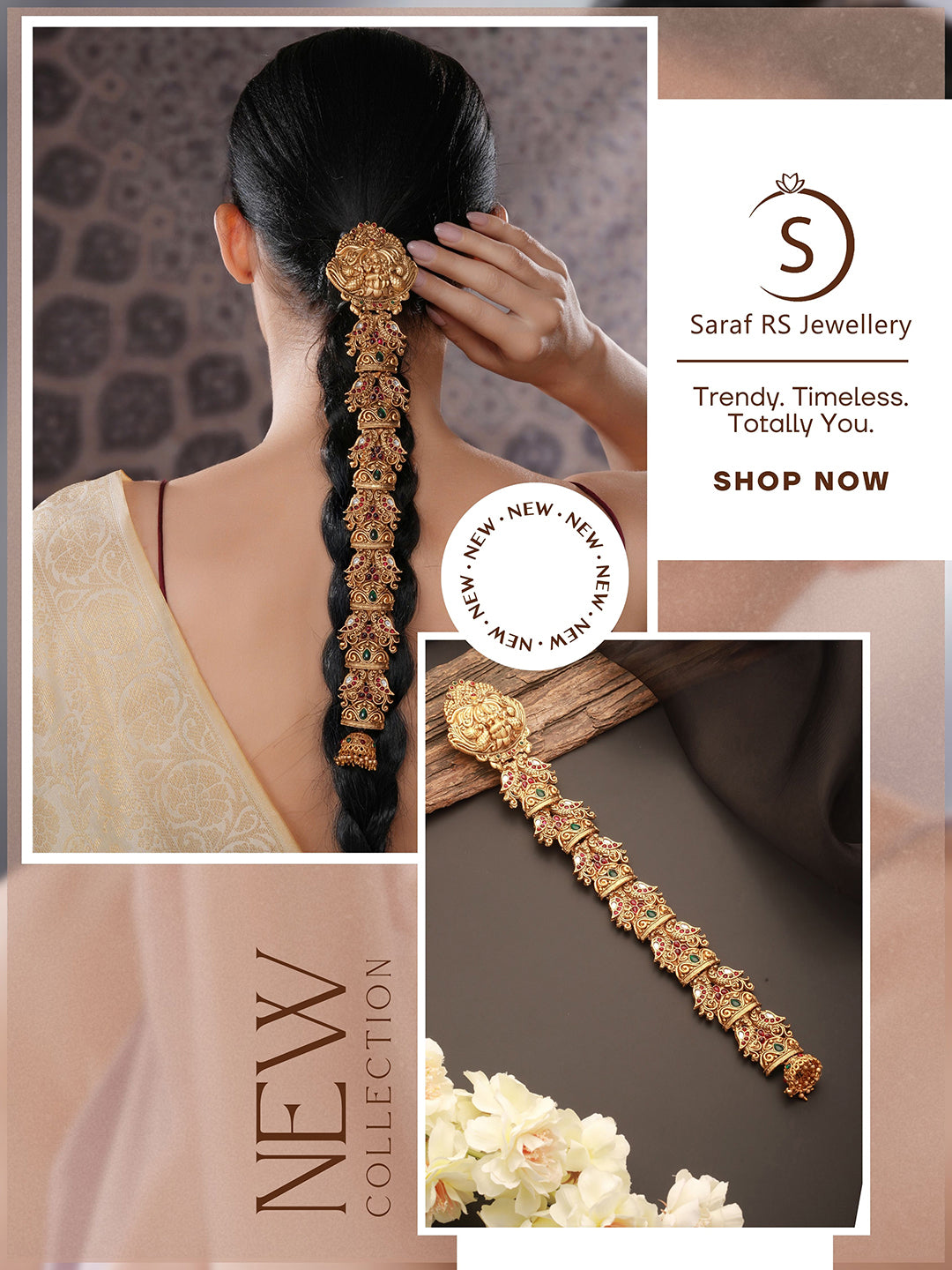Gold Plated Red Kempo Studded Nagas Lakshmiji  Peacock  Temple Jadai Billa  Bridal Hair Braid Choti