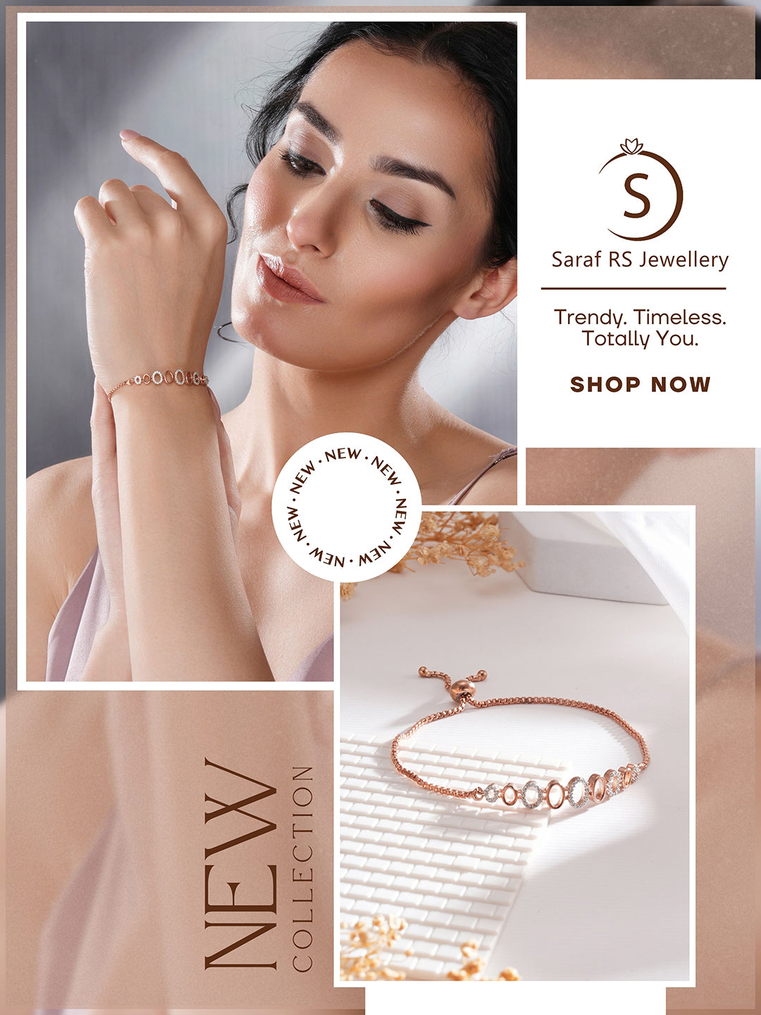 Rose Gold Toned Zircon Embellished Adjustable Pull Chain Slider Bracelet