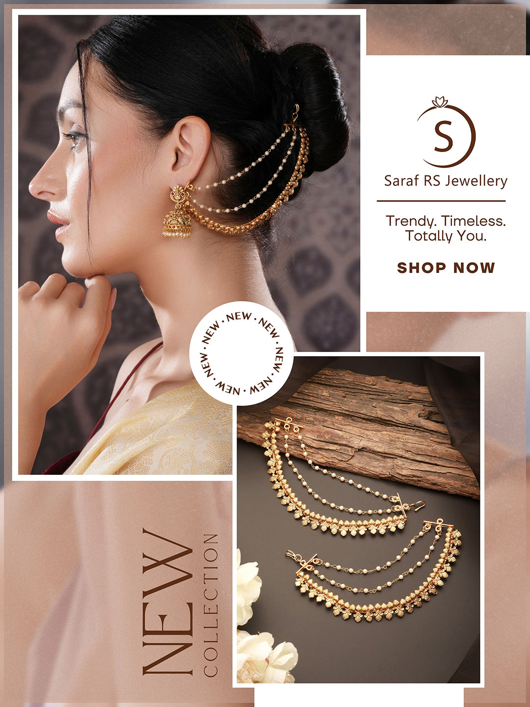Gold Plated 3 Layered Pearls Matil Champaswaralu Temple Ear Chain Earrings