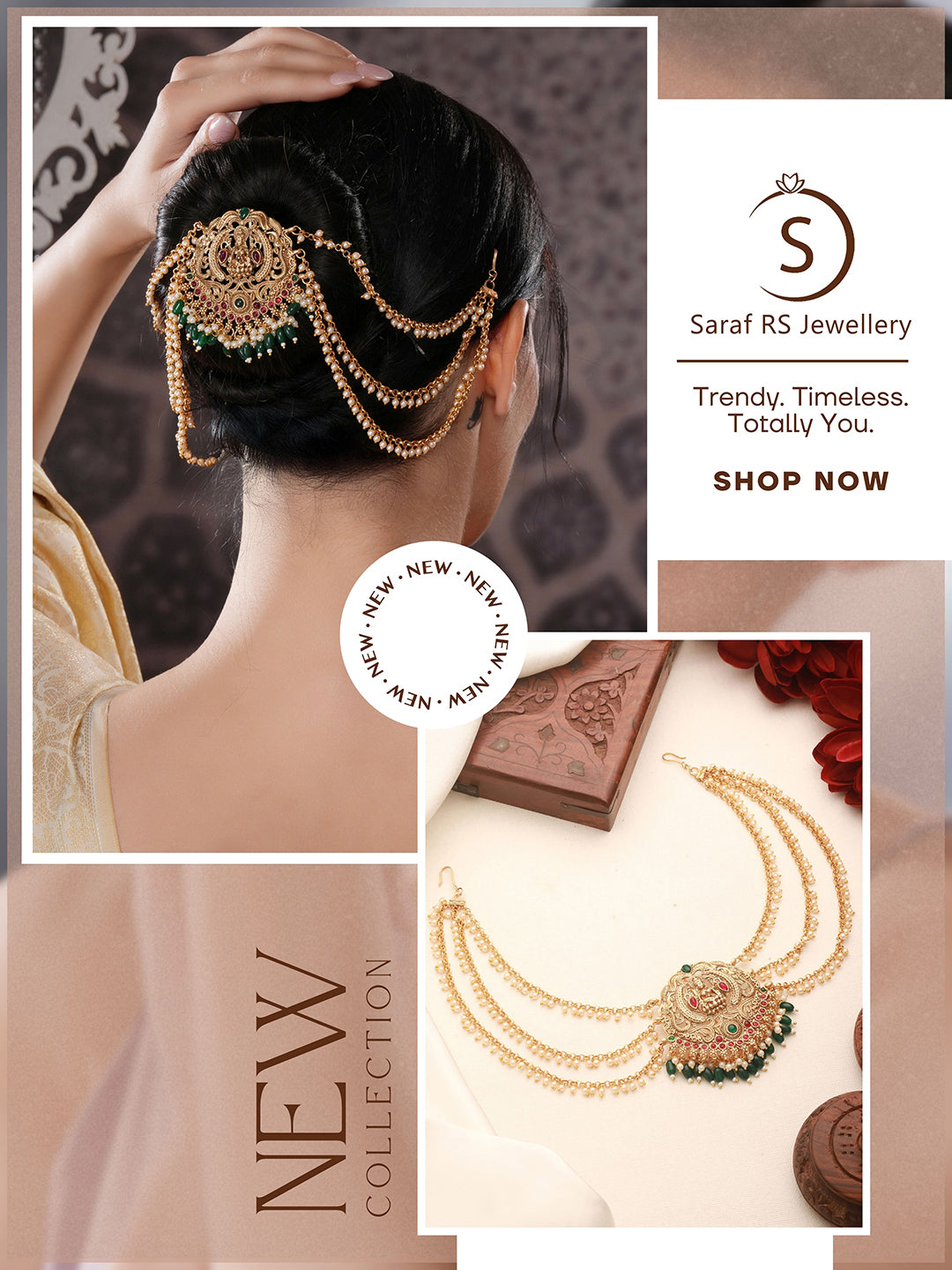 Gold Finish Red  Kempo Studded Goddess Lakshmi  Design Temple Jadai Billa Bridal Hair Braid Matha Patti